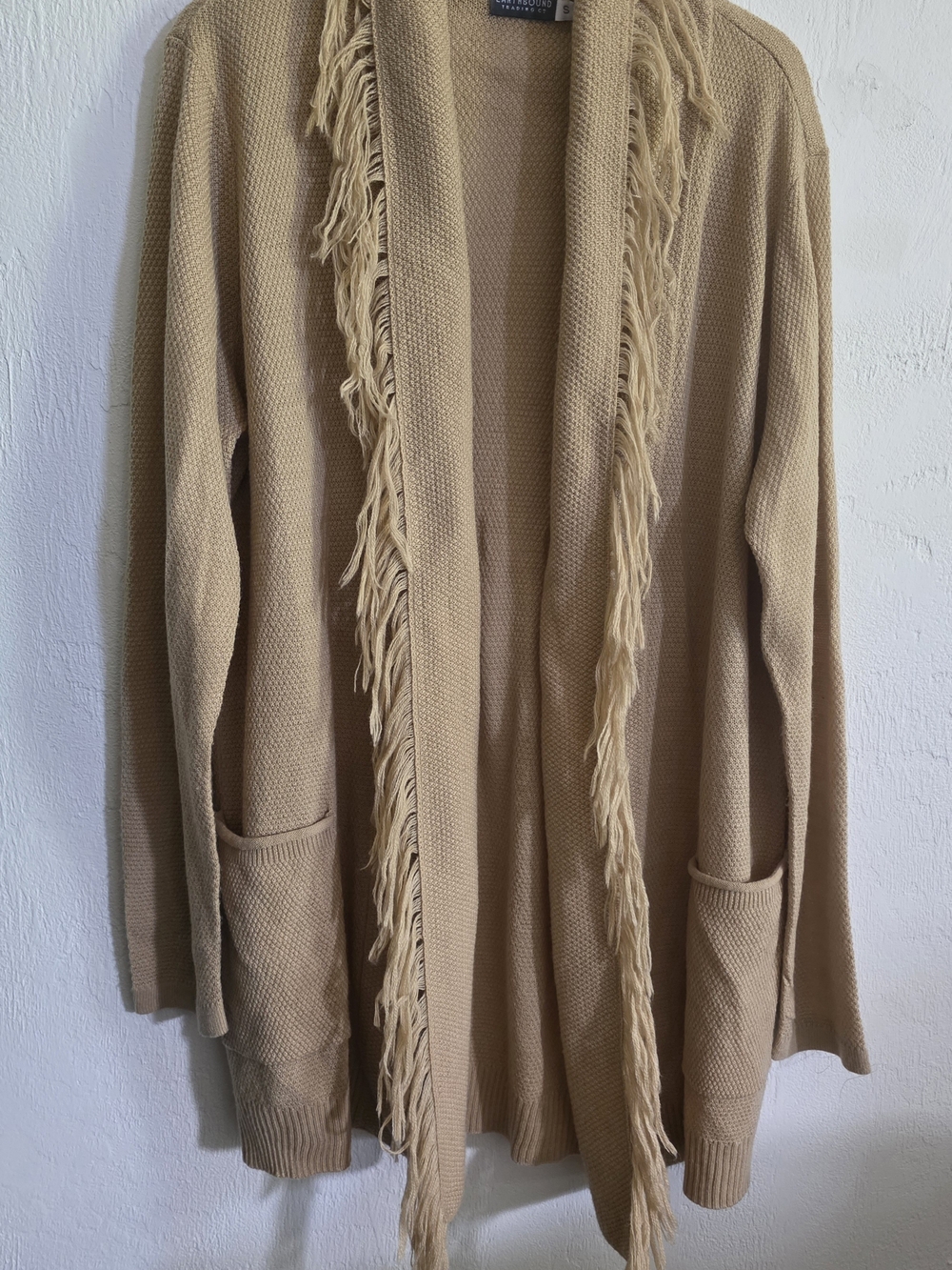 Earthbound Trading Co Fringe Cardigan Sweater Tan Boho Open Front M